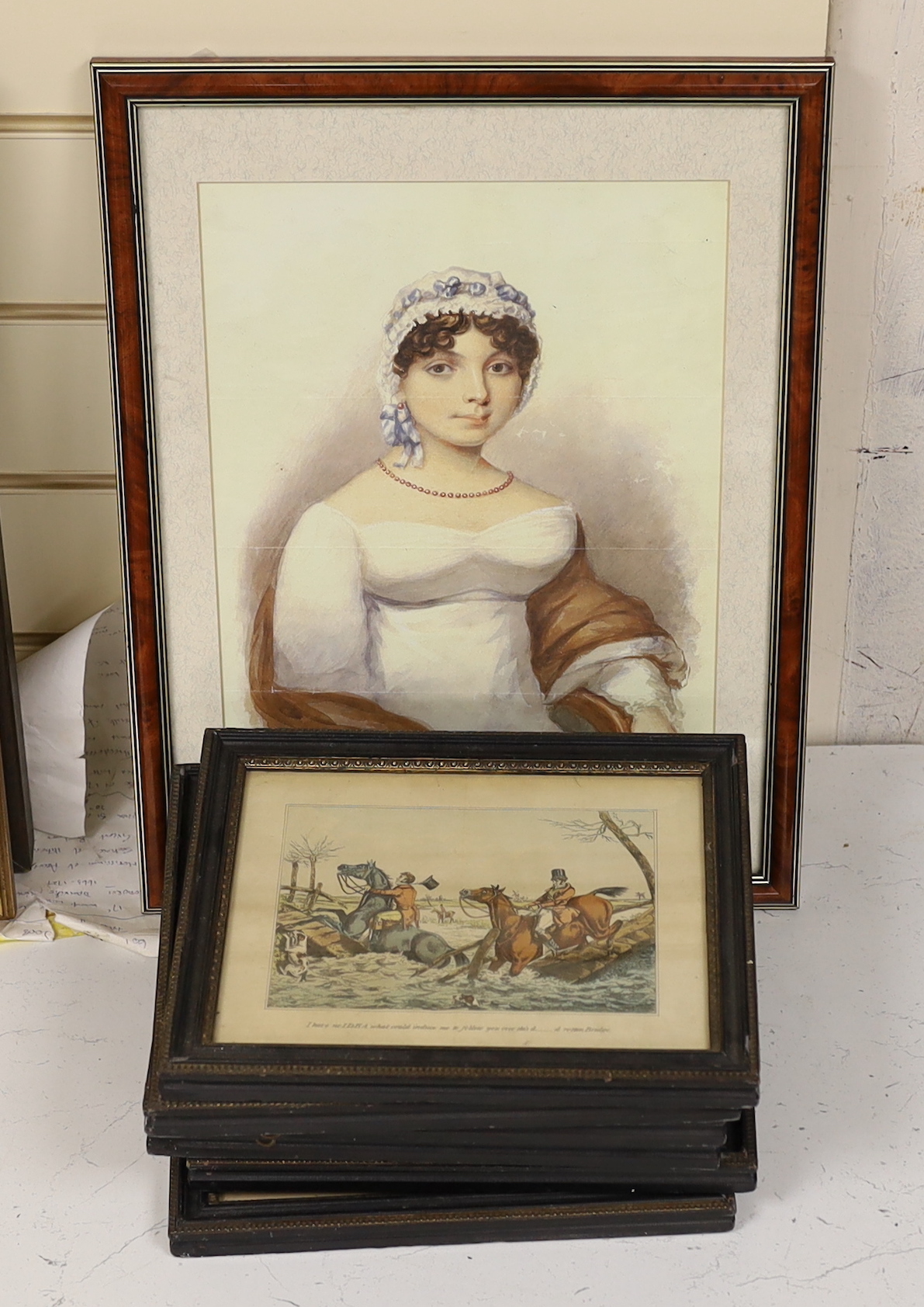 Early 19th century, watercolour, portrait of a Regency lady wearing a bonnet together with six hunting colour prints, watercolour 24 x 30cm